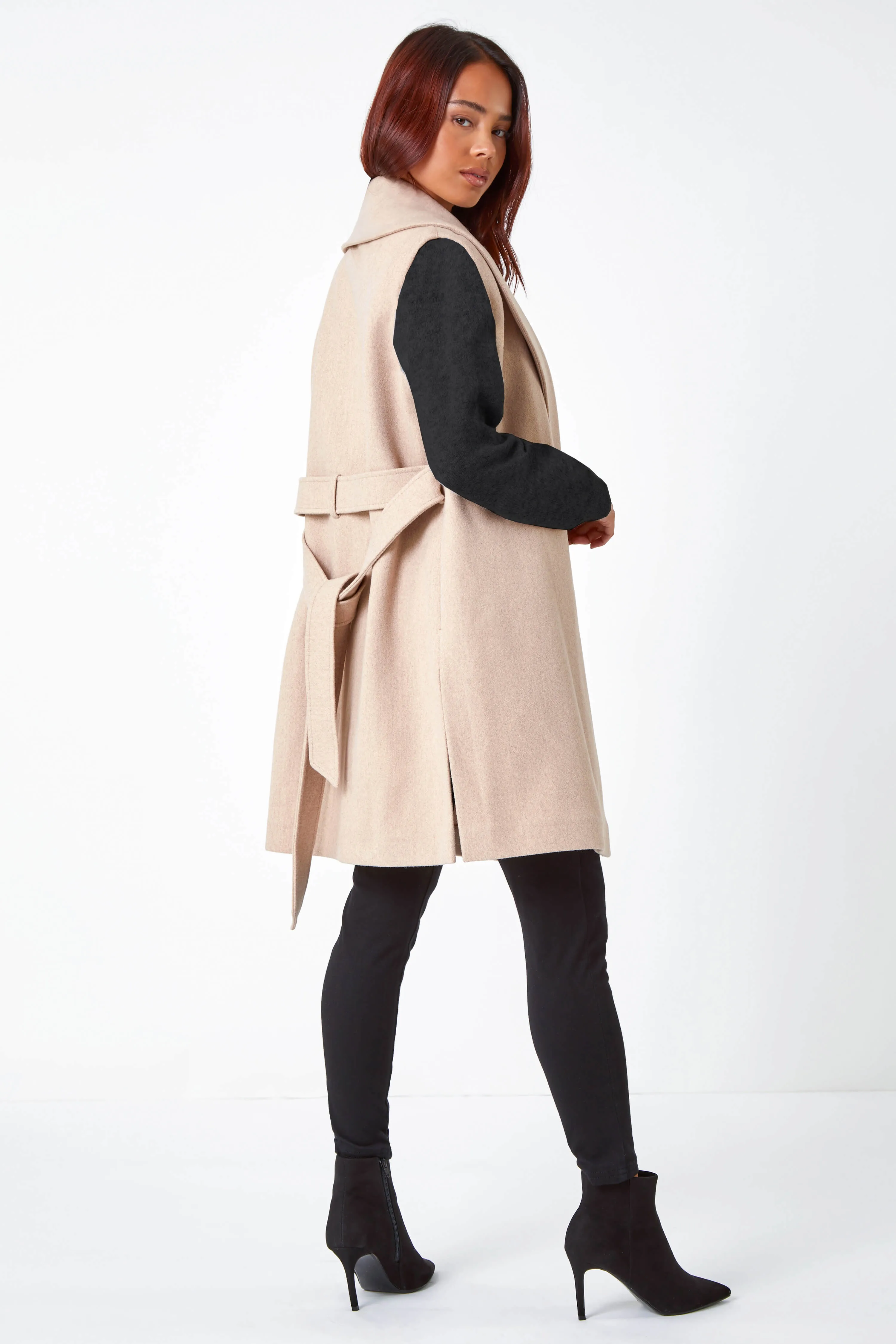 Stone Petite Sleeveless Wrap Coat | Roman UK