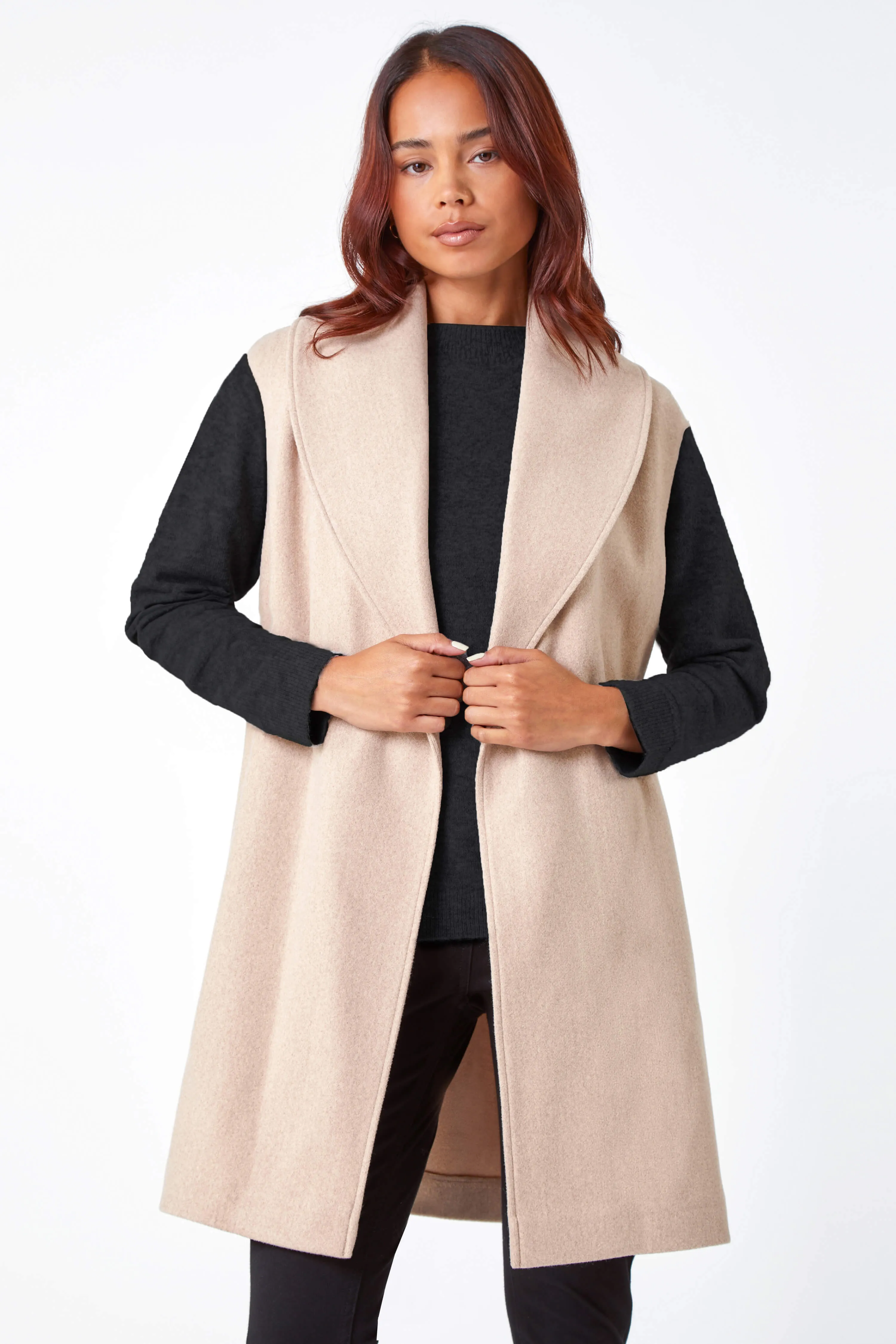 Stone Petite Sleeveless Wrap Coat | Roman UK