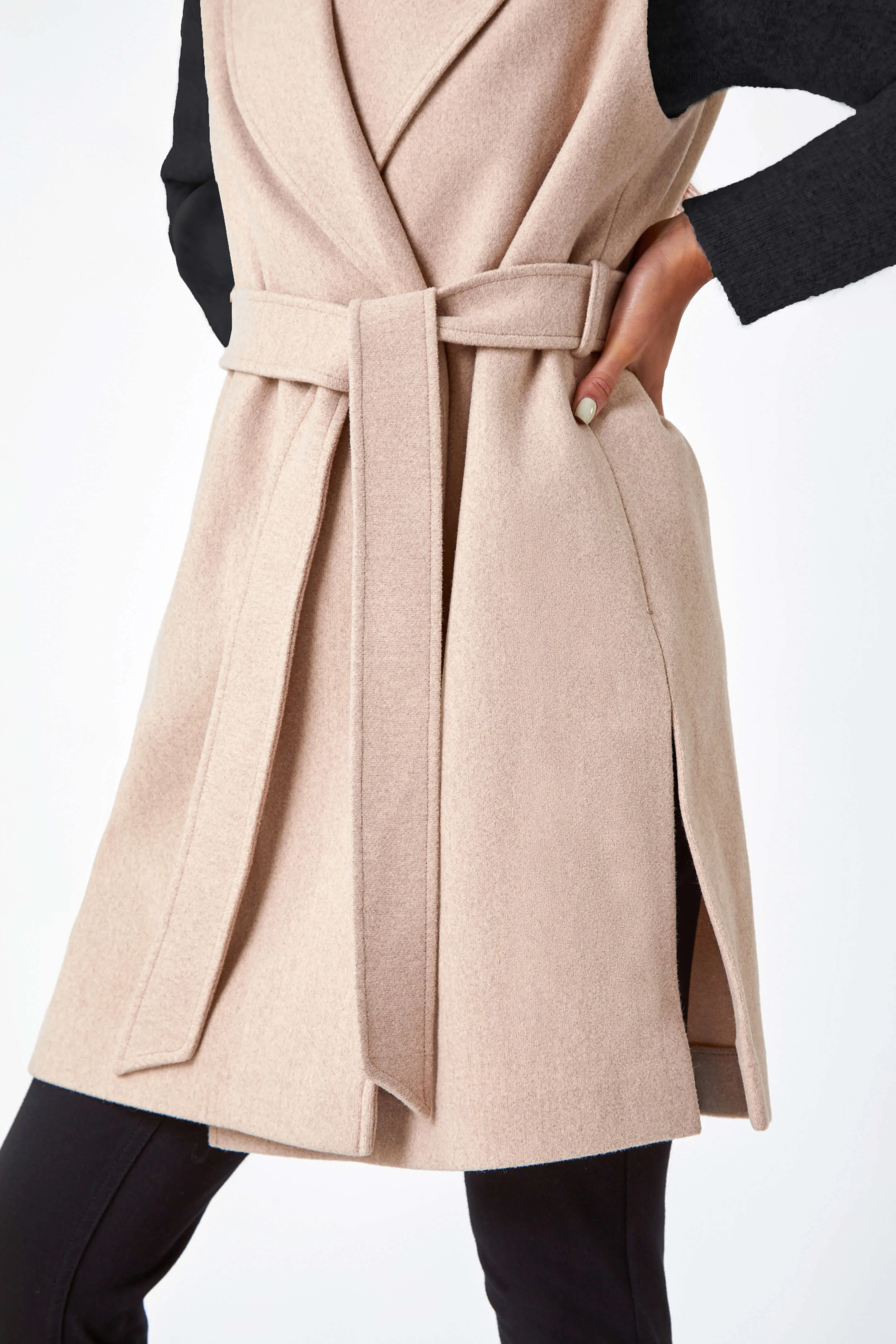 Stone Petite Sleeveless Wrap Coat | Roman UK