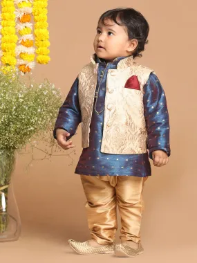 VASTRAMAY Boy's Blue Printed Kurta with Rose Gold Pyjamas & Nehru Jacket