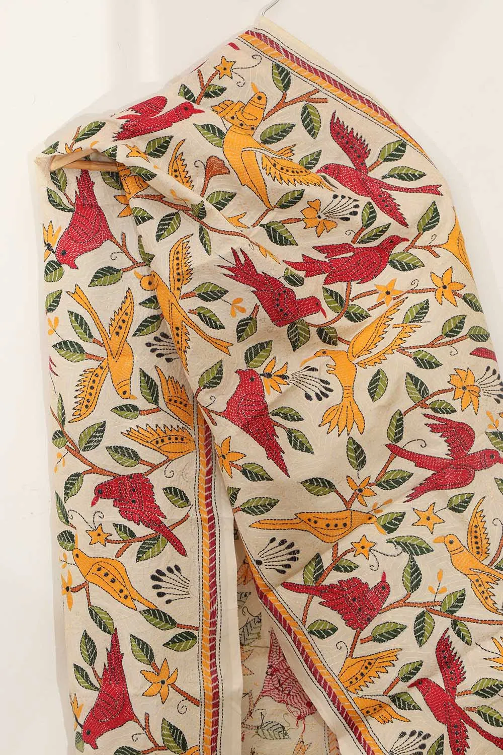 Vibrant Multicolor Kantha Silk Stole with Hand Embroidery