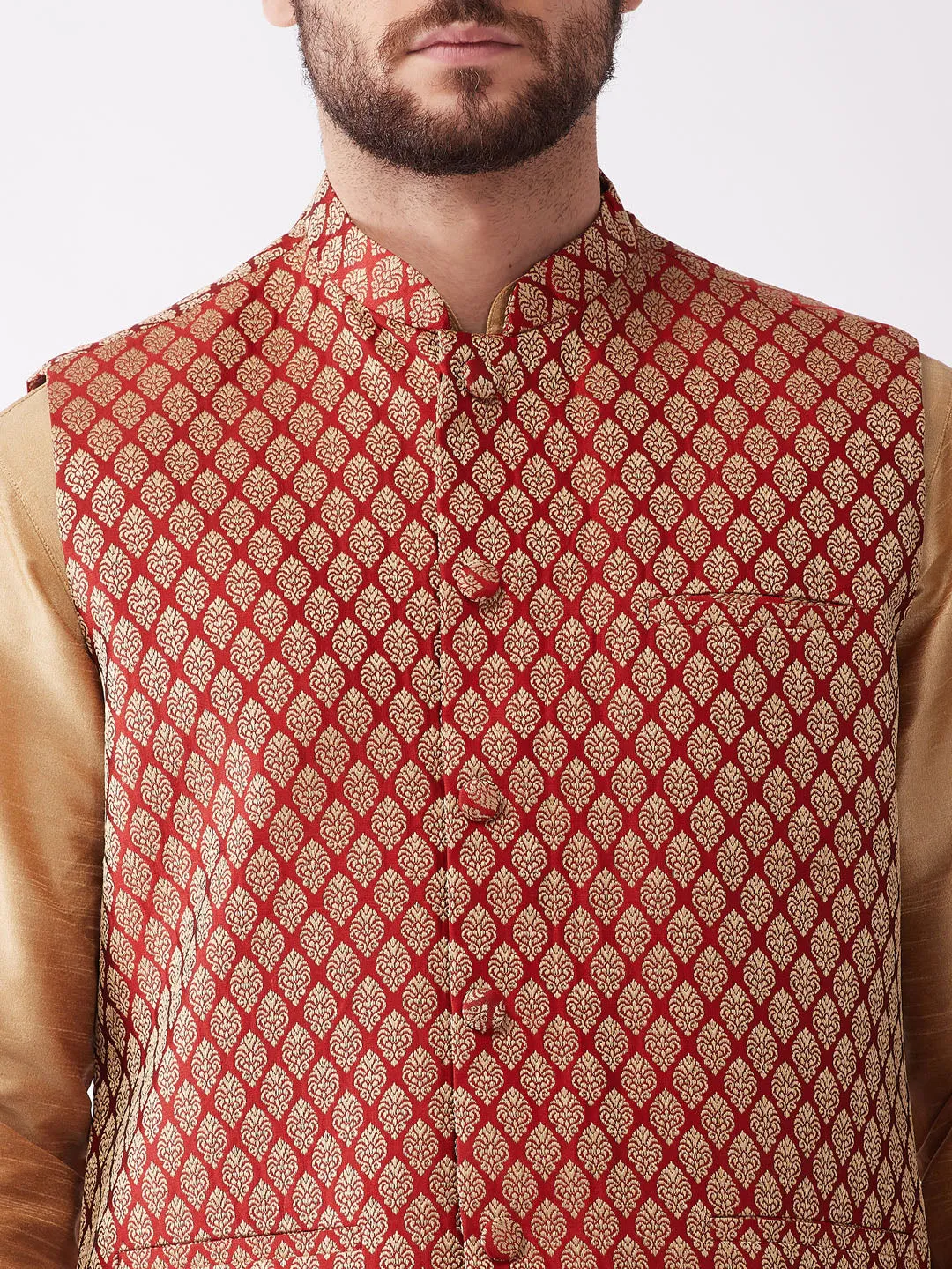 VM BY VASTRAMAY Men's Rose Gold Solid Silk Blend Kurta and Dhoti With Maroon Nehru Jacket