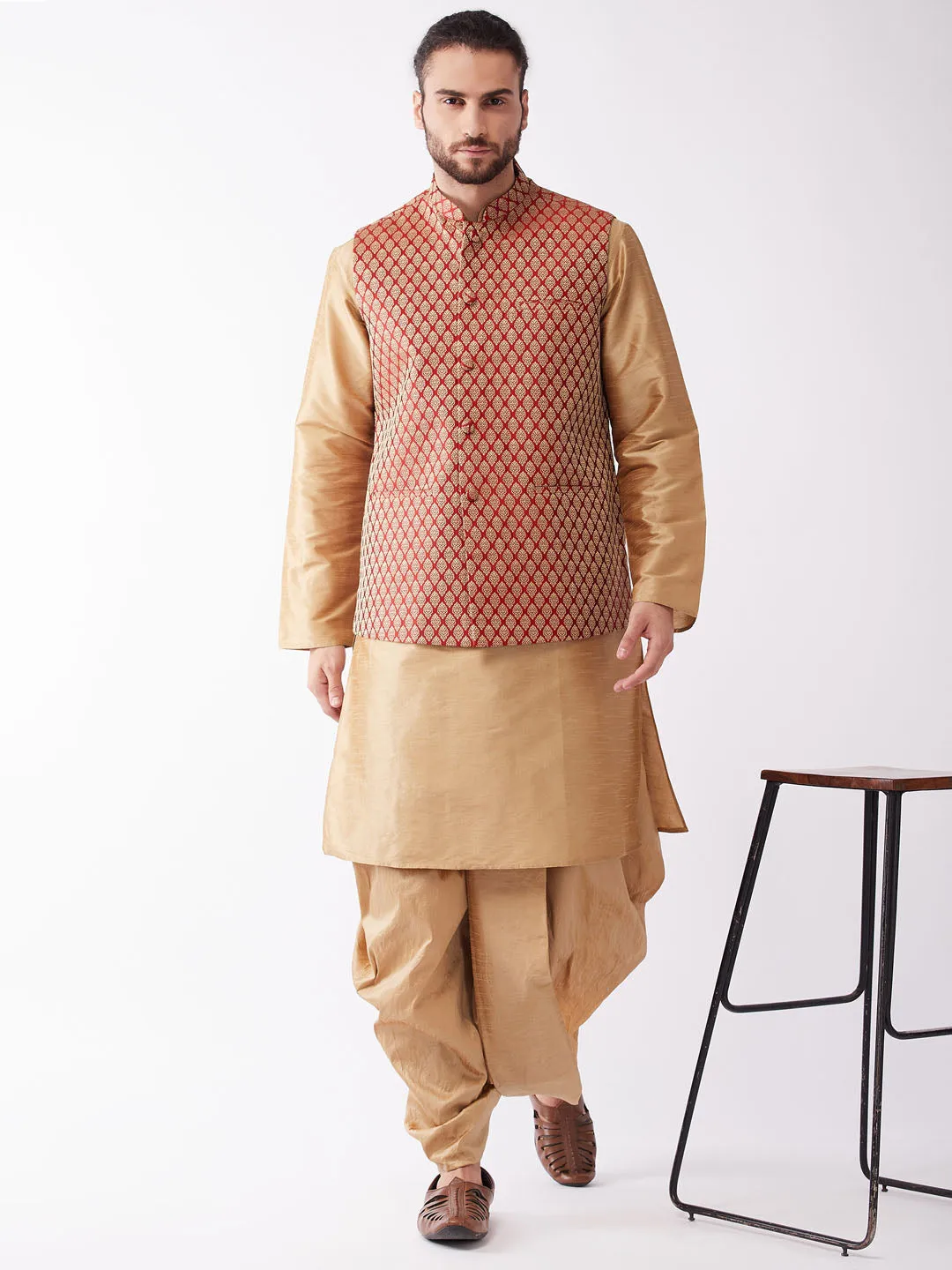 VM BY VASTRAMAY Men's Rose Gold Solid Silk Blend Kurta and Dhoti With Maroon Nehru Jacket