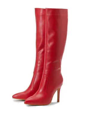 Women Boots Stiletto Heel Pointed Toe PU Leather Red Knee-High Boots