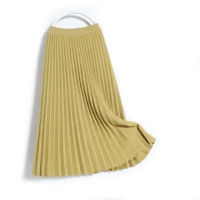 Women Elastic High Waist Elegant A-Line Thick Knit Solid Pleated Skirts