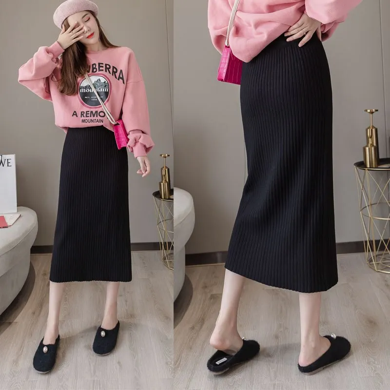 Women Elastic High Waist Solid Knitted Bodycon Elegant Straight Skirts Streetwear