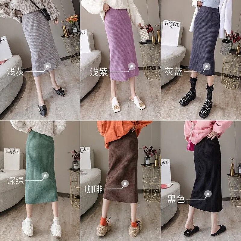 Women Elastic High Waist Solid Knitted Bodycon Elegant Straight Skirts Streetwear