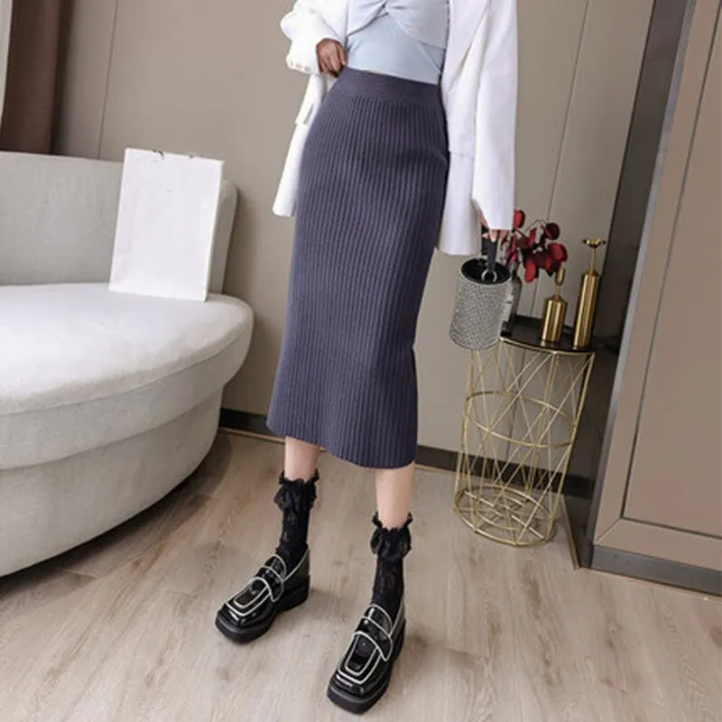 Women Elastic High Waist Solid Knitted Bodycon Elegant Straight Skirts Streetwear