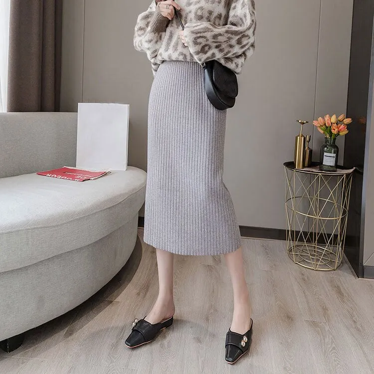 Women Elastic High Waist Solid Knitted Bodycon Elegant Straight Skirts Streetwear