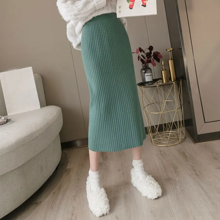 Women Elastic High Waist Solid Knitted Bodycon Elegant Straight Skirts Streetwear