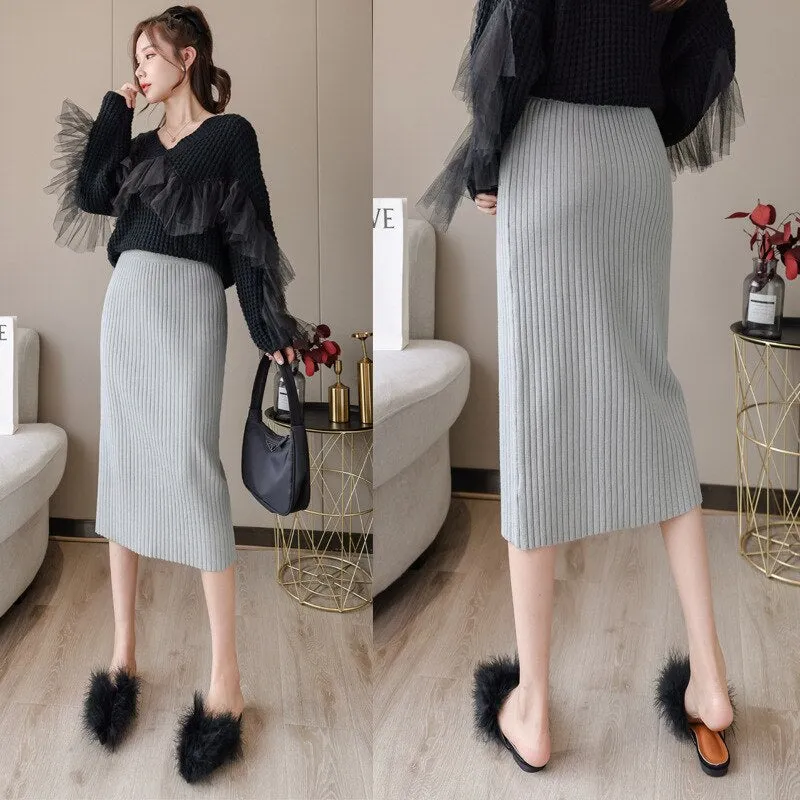 Women Elastic High Waist Solid Knitted Bodycon Elegant Straight Skirts Streetwear