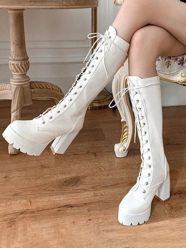 Women's Boots White Mid Calf Boots Round Toe 4.5