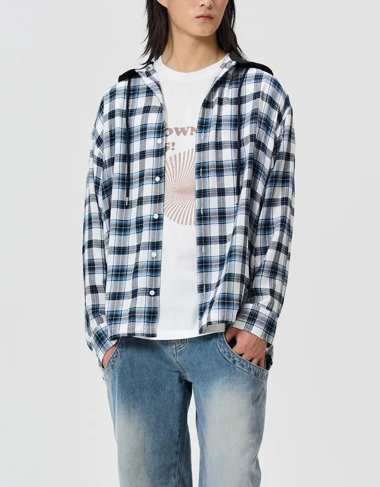 WOOALONG  |[WOOALONG]★Over-fit check hood shirt