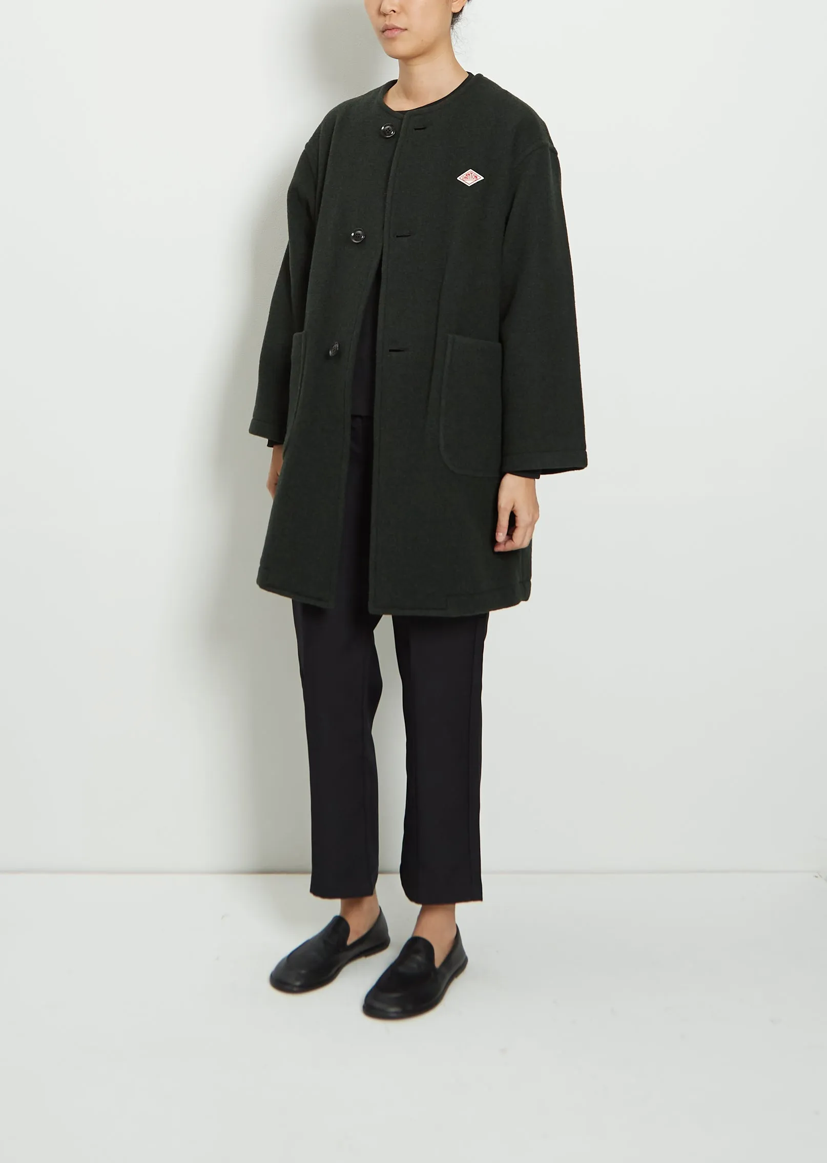 Wool Blend Collarless Crew Neck Coat